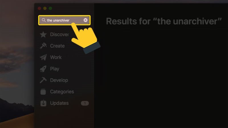 Ảnh chụp màn hình App Store tìm kiếm ứng dụng The Unarchiver để giải nén tệp RAR