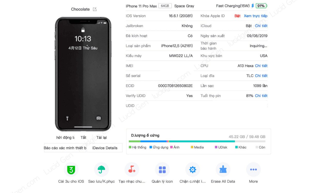 Bảng thông tin chi tiết về iPhone trên 3uTools, giúp kiểm tra tình trạng phần cứng và phần mềm.