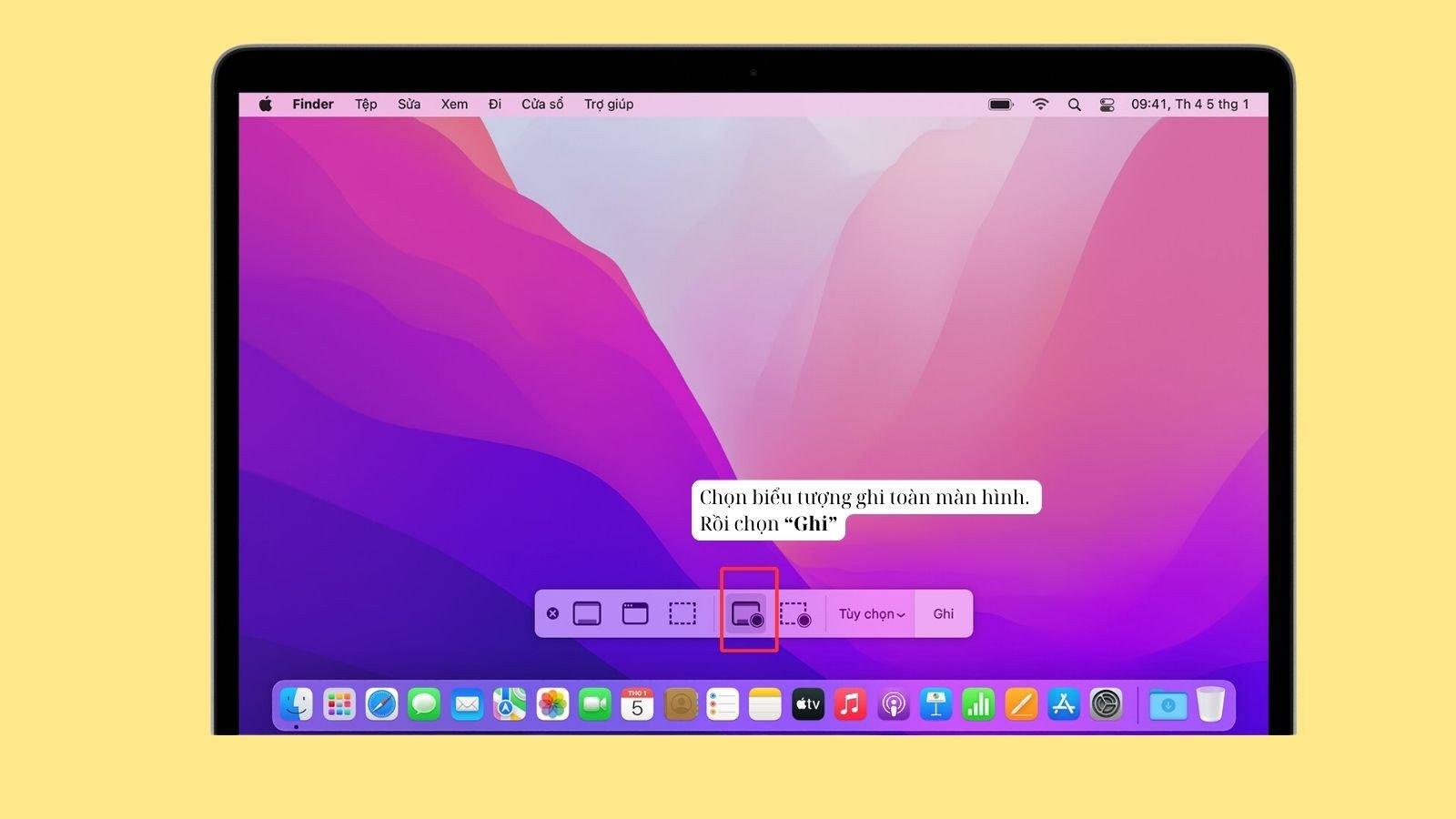 Biểu tượng ghi toàn màn hình trong Screenshot Toolbar của Macbook