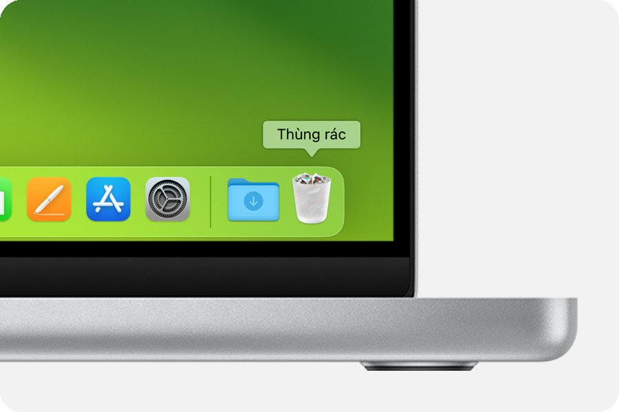 Biểu tượng Thùng rác đầy trên Dock sau khi gỡ bỏ ứng dụng trên MacBook.