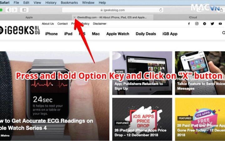 Biểu tượng "X" giúp người dùng dễ dàng tắt hết tab trên MacBook Safari.