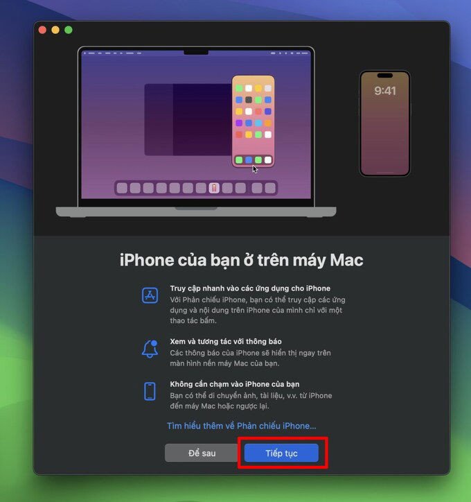 Bước 2 giới thiệu tính năng iPhone Mirroring giúp phản chiếu màn hình iPhone lên MacBook.