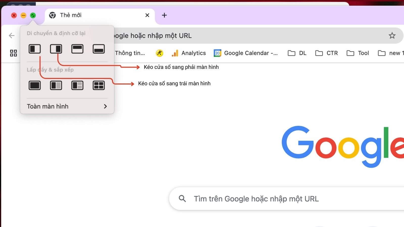 Các biểu tượng di chuyển và định cỡ cửa sổ để chia đôi màn hình MacBook sang trái hoặc phải