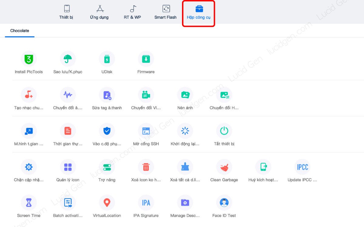 Các công cụ đa năng trong Toolbox của 3uTools, hỗ trợ mọi tác vụ từ sao lưu đến khôi phục cho iPhone trên MacBook.