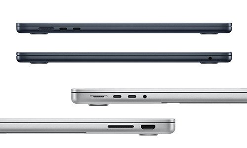 Các cổng kết nối của MacBook Air và MacBook Pro, cho thấy sự khác biệt về số lượng và loại cổng trên hai dòng máy tính.