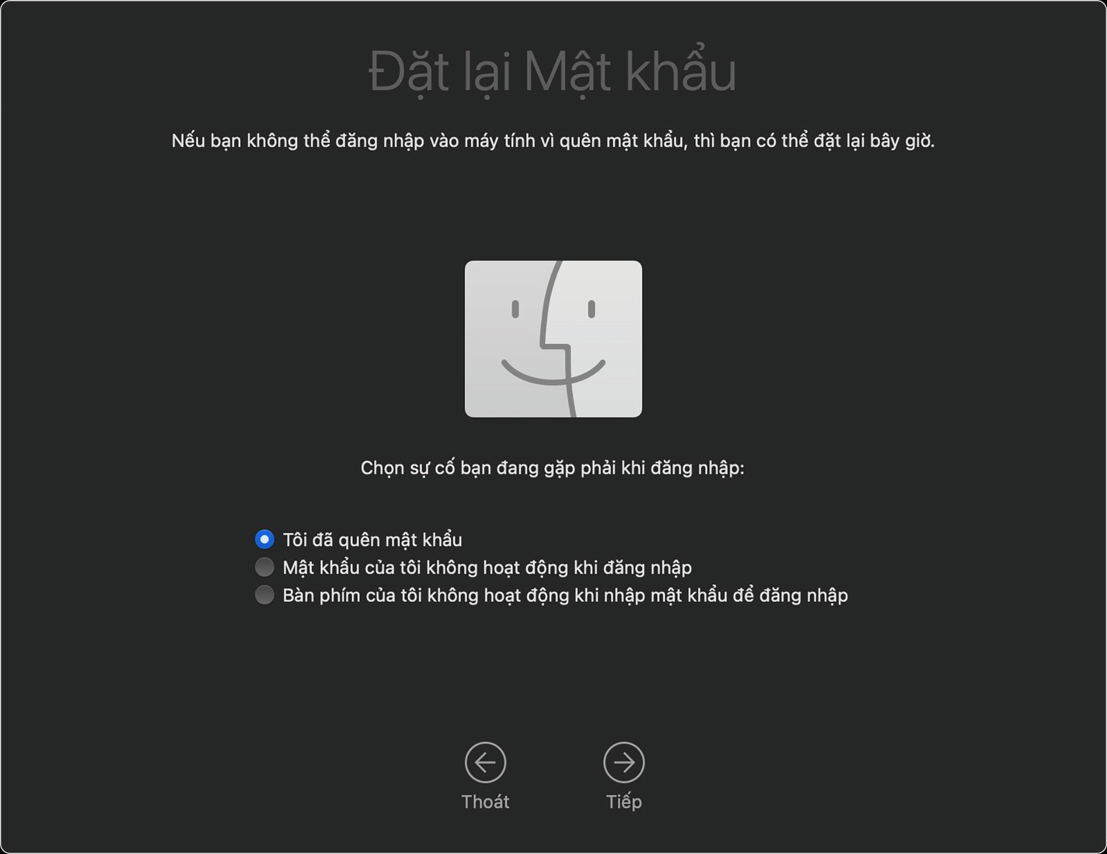 Các lựa chọn để đặt lại mật khẩu trong chế độ Khôi phục trên Mac.
