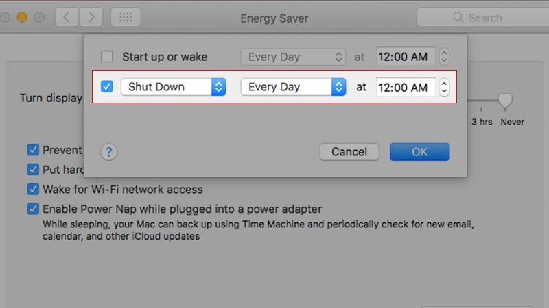 Các tùy chọn hẹn giờ bật tắt màn hình MacBook M1