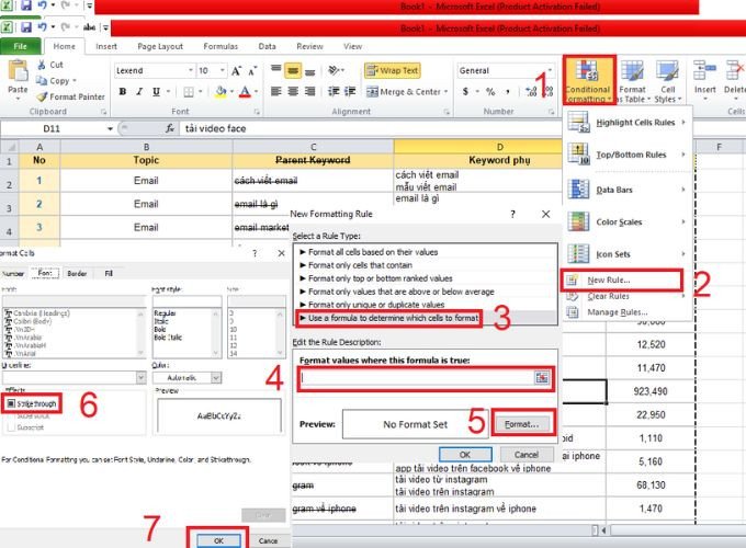 Cách gạch ngang chữ trong Excel bằng cách thiết lập điều kiện