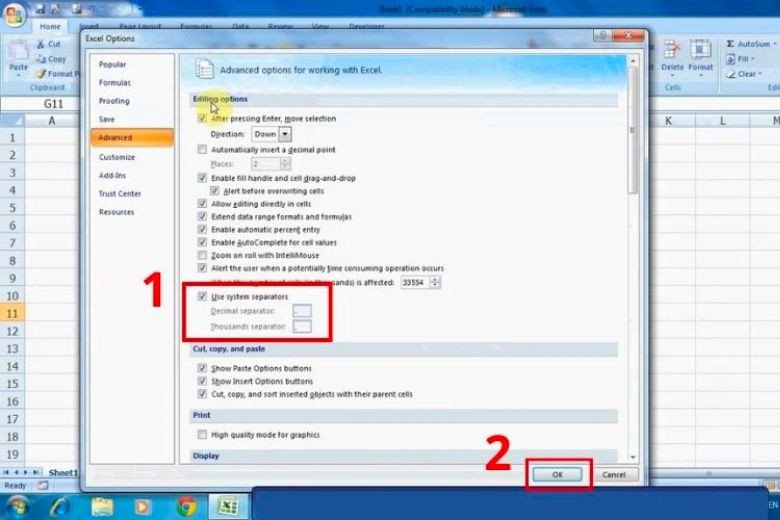 Cài đặt Advanced trong Excel 2007 để thay đổi dấu phân cách số