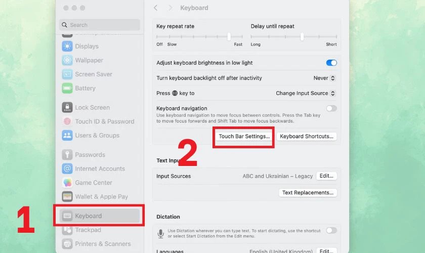 Cài đặt bàn phím MacBook để tùy chỉnh Touch Bar khi không hiển thị