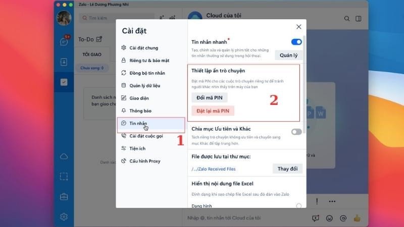Cài đặt mã PIN cho các cuộc trò chuyện riêng tư trên Zalo MacBook