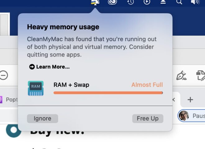 Cảnh báo thiếu bộ nhớ từ phần mềm CleanMyMac trên MacBook Pro M1 RAM 16GB
