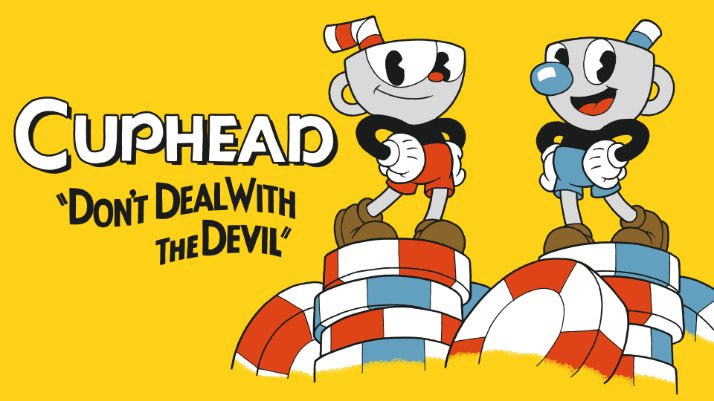 Cảnh chiến đấu từ game Cuphead, với nhân vật chính Cuphead và Mugman, minh họa phong cách hoạt hình cổ điển.