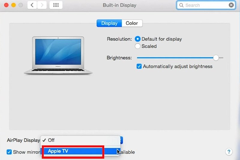 Chọn Apple TV trong tùy chọn AirPlay Display của MacBook