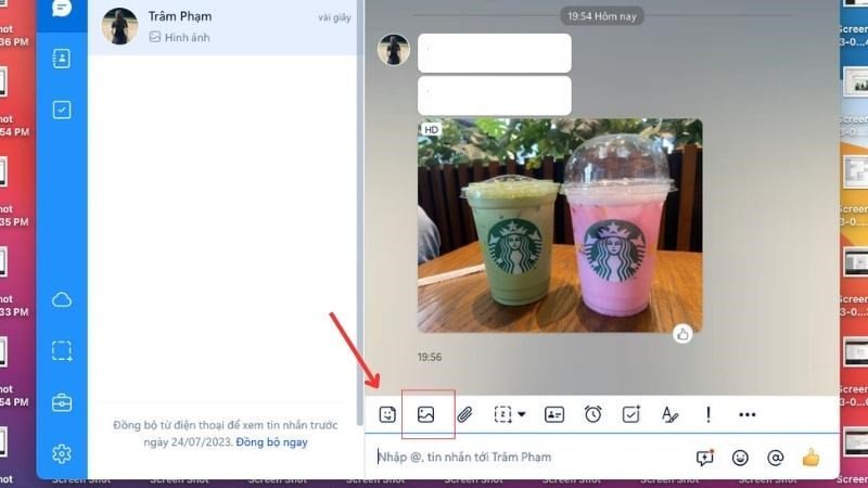 Chọn biểu tượng ảnh để gửi hình ảnh qua Zalo trên MacBook