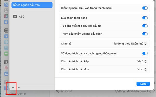 Chọn dấu cộng để thêm phương thức nhập tiếng Việt Telex