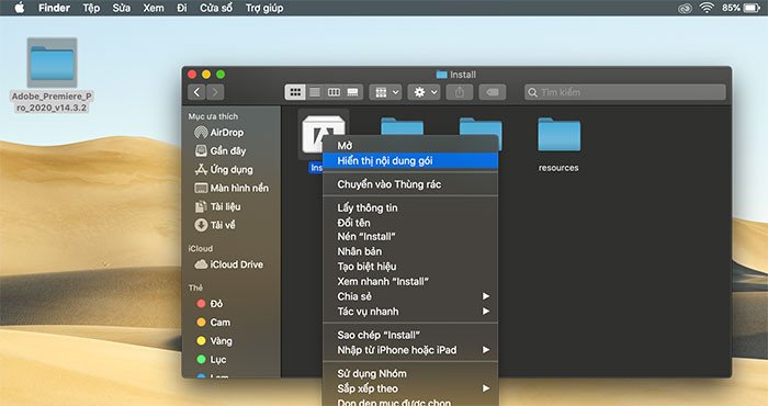 Chọn 'Hiển thị nội dung gói' để tiếp tục cài đặt Adobe Premiere Pro cho MacBook
