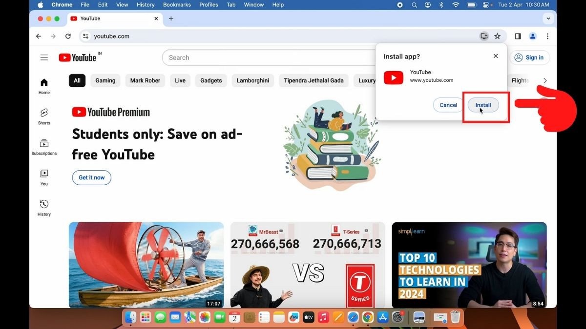 Chọn "Install" (Cài đặt) trong hộp thoại xác nhận để cài đặt YouTube PWA