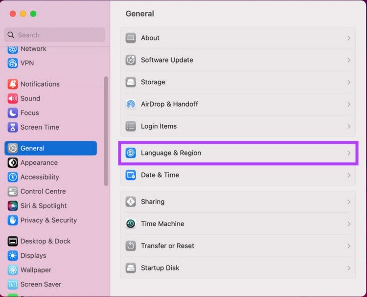 Chọn mục General trong cài đặt hệ thống macOS để điều chỉnh ngôn ngữ