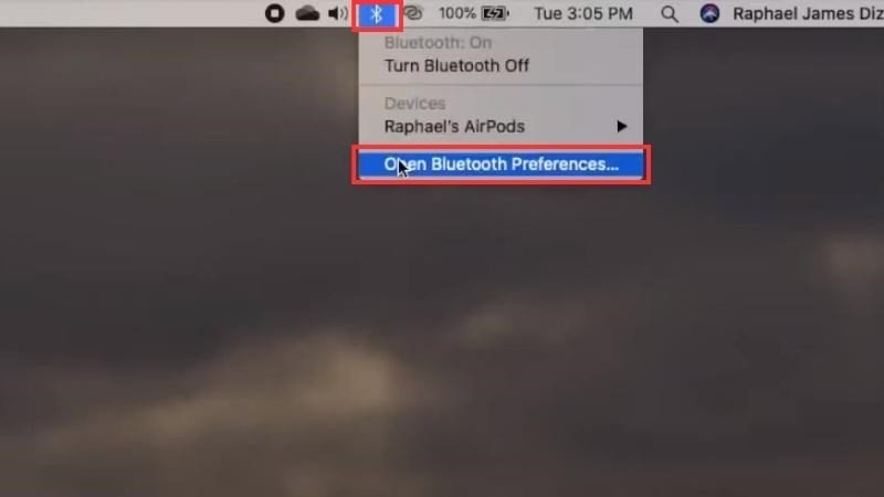 Chọn "Open Bluetooth Preferences..." từ biểu tượng Bluetooth trên thanh menu để truy cập cài đặt kết nối chuột Bluetooth