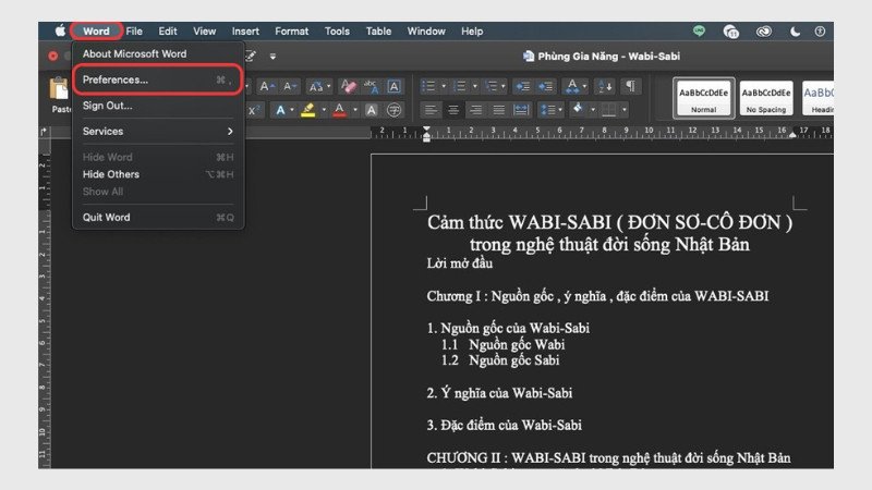 Chọn Preferences trong Word MacBook để cài đặt