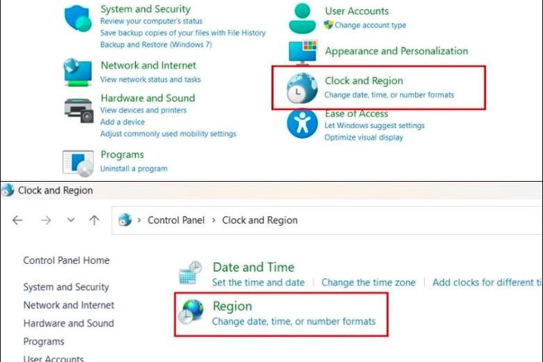 Chọn Region trong cửa sổ Control Panel để thay đổi định dạng số