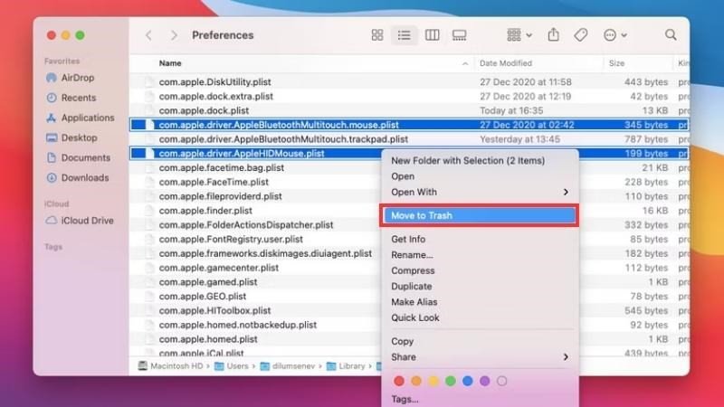 Chọn và xóa các file PLIST liên quan đến Bluetooth để khắc phục sự cố kết nối chuột Bluetooth trên MacBook