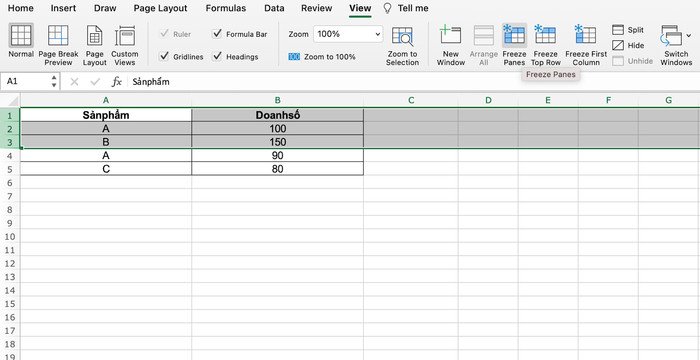 Cố định nhiều cột cùng lúc trong Excel cho MacBook