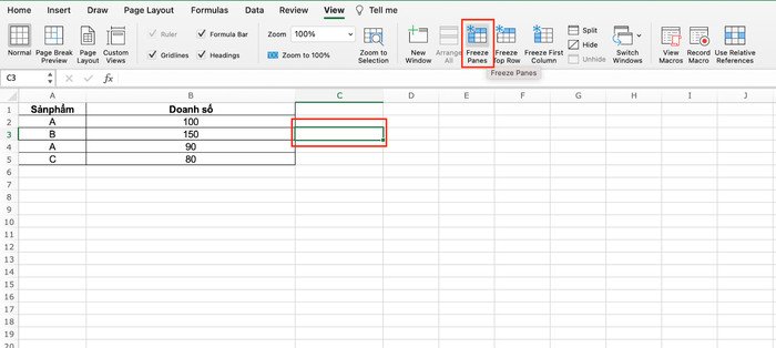 Cố định nhiều vùng (dòng và cột) trong Excel trên MacBook
