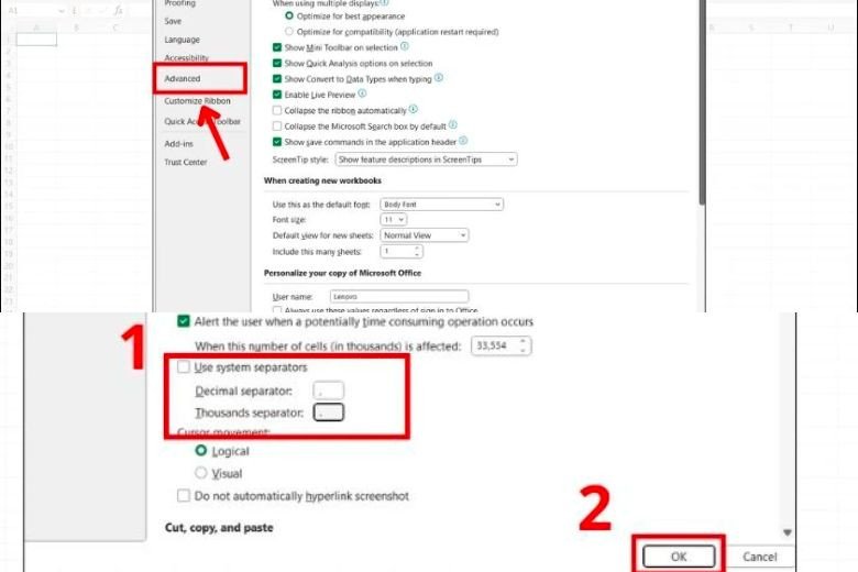 Cửa sổ Advanced trong Excel, điều chỉnh Decimal và Thousands separator