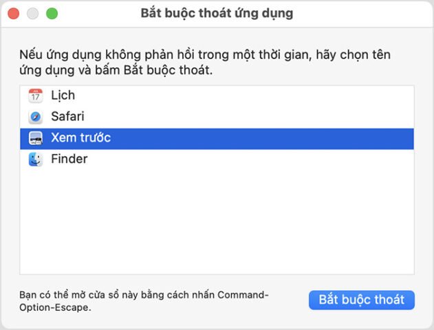 Cửa sổ Buộc Thoát Ứng dụng trên macOS Ventura, hiển thị danh sách các ứng dụng đang chạy và tùy chọn thoát ứng dụng không phản hồi, hỗ trợ phím tắt thoát ứng dụng Macbook hiệu quả.