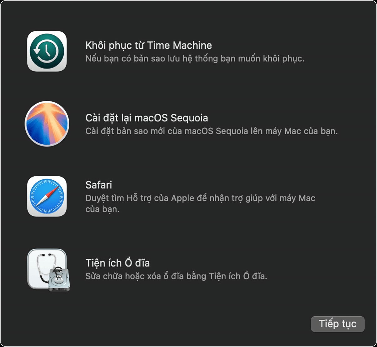 Cửa sổ Tiện ích của macOS trong chế độ Khôi phục.