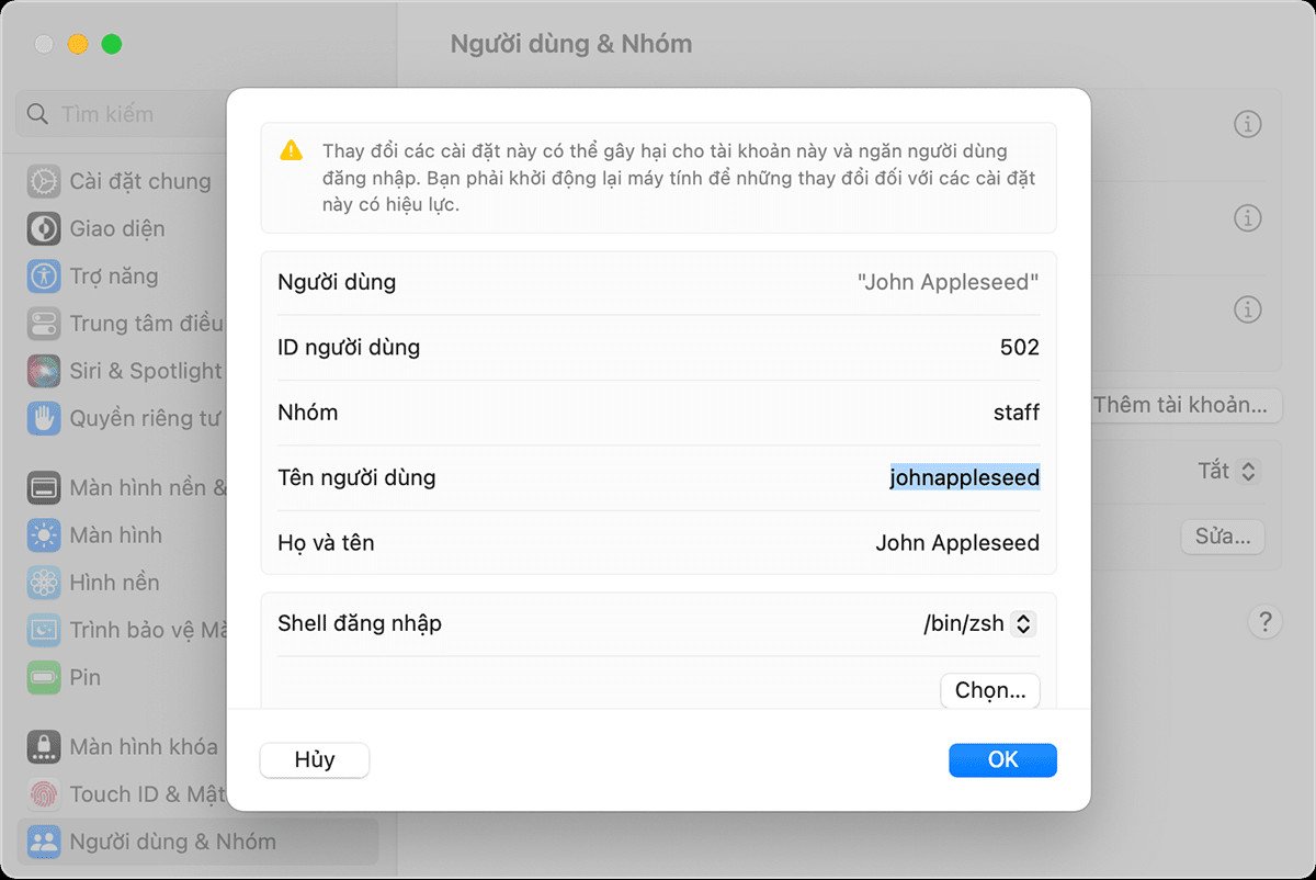 Cửa sổ Tùy chọn nâng cao của Người dùng &amp; Nhóm