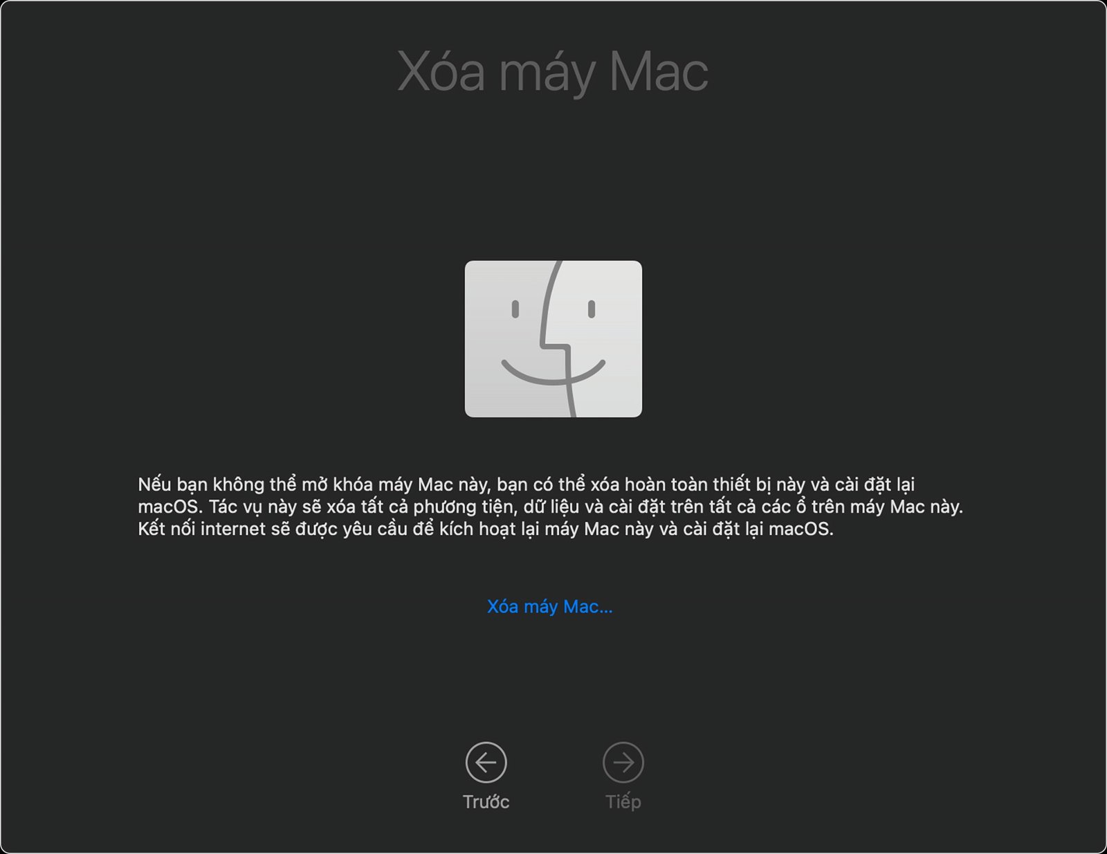 Cửa sổ Xóa máy Mac trong chế độ Khôi phục macOS
