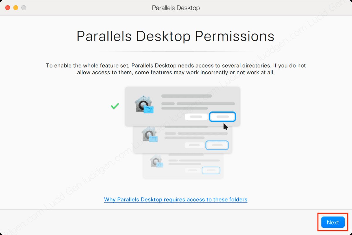 Cửa sổ yêu cầu quyền truy cập thư mục cho Parallels khi thiết lập giả lập Windows trên Mac.