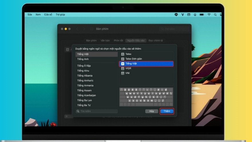 Danh sách các nguồn đầu vào hiển thị bộ gõ "Tiếng Việt - Telex" đã được thêm vào MacBook.