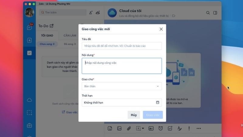 Điền thông tin chi tiết để giao việc trên Zalo MacBook