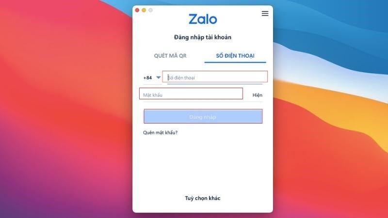 Điền thông tin đăng nhập Zalo bằng số điện thoại và mật khẩu trên MacBook