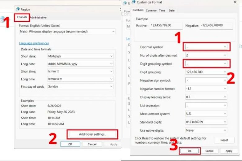 Điều chỉnh Decimal symbol và Digit group symbol trong Customize Format