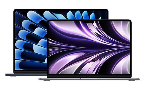 Dòng sản phẩm MacBook Air M2 và M3 với các kích thước và màu sắc khác nhau, thể hiện sự đa dạng của dòng máy.