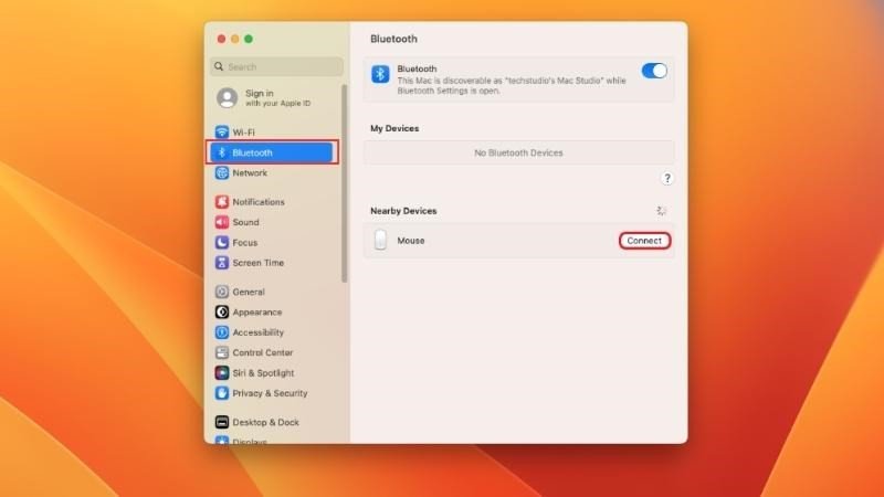 Dùng phím Tab để điều hướng đến tên chuột Bluetooth trong danh sách và nhấn Space để kết nối chuột Bluetooth với MacBook