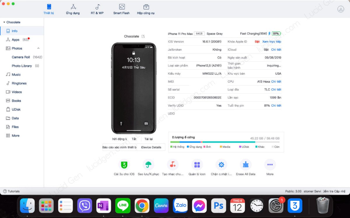 Giao diện 3uTools hiển thị thông tin chi tiết iPhone sau khi kết nối thành công trên MacBook.