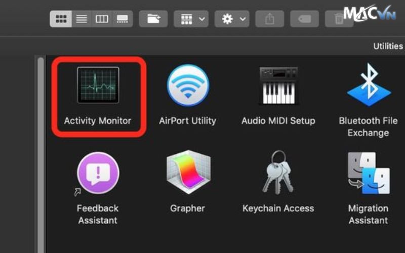 Giao diện Activity Monitor hiển thị các tiến trình giúp tắt hết tab và ứng dụng đang chạy trên MacBook.