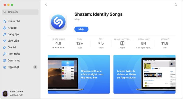 Giao diện App Store trên MacBook hiển thị nút "Nhận" để tải ứng dụng Shazam miễn phí.