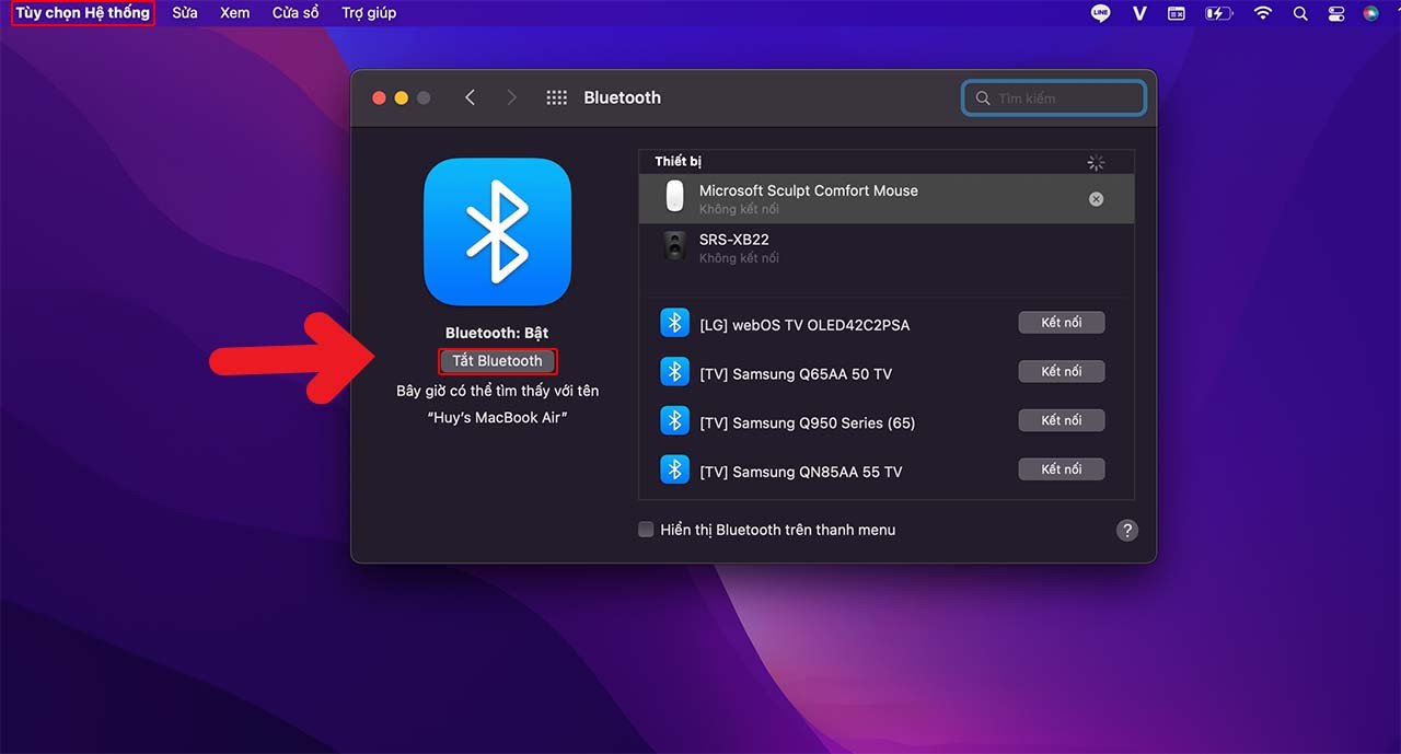 Giao diện cài đặt Bluetooth trên MacBook, tùy chọn Tắt/Bật
