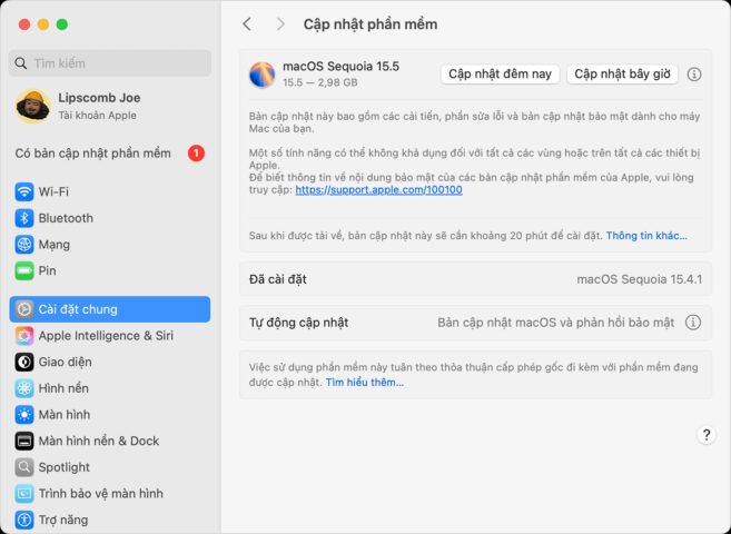 Giao diện Cài đặt Cập nhật phần mềm MacBook hiển thị thông báo có bản cập nhật macOS sẵn sàng