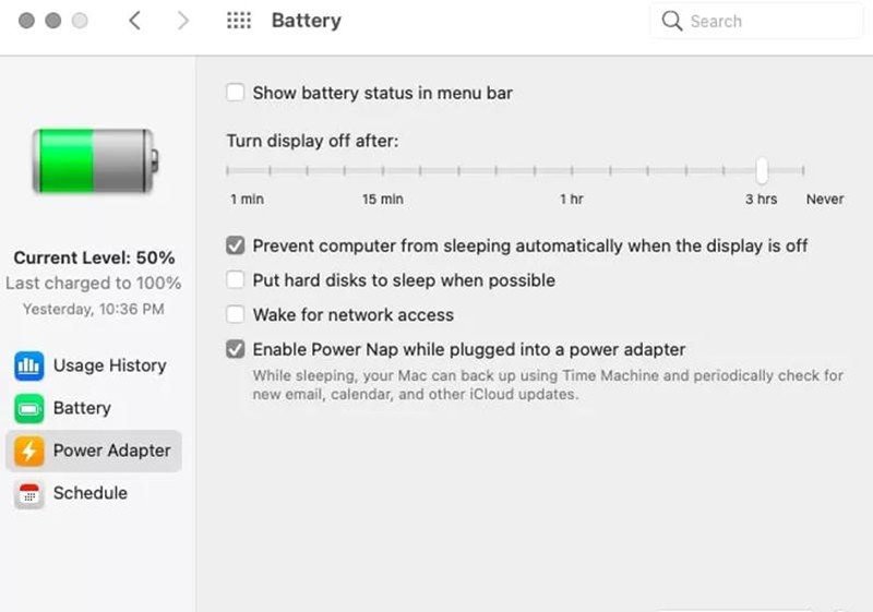 Giao diện cài đặt Energy Saver trên MacBook, hướng dẫn cách tắt chế độ ngủ để màn hình MacBook không tắt khi không dùng