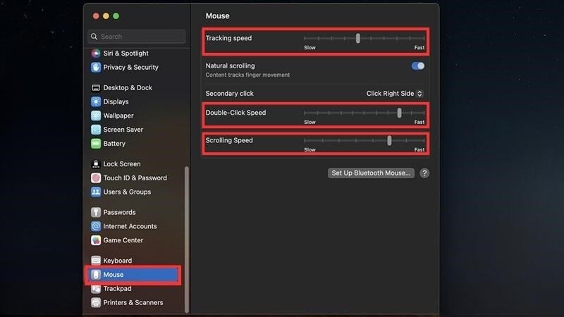 Giao diện cài đặt Mouse trong System Settings cho phép điều chỉnh tốc độ và các tính năng của chuột Bluetooth trên MacBook