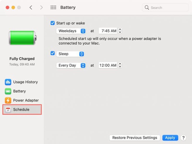 Giao diện cài đặt pin và hẹn giờ trong macOS để điều chỉnh chế độ ngủ MacBook.