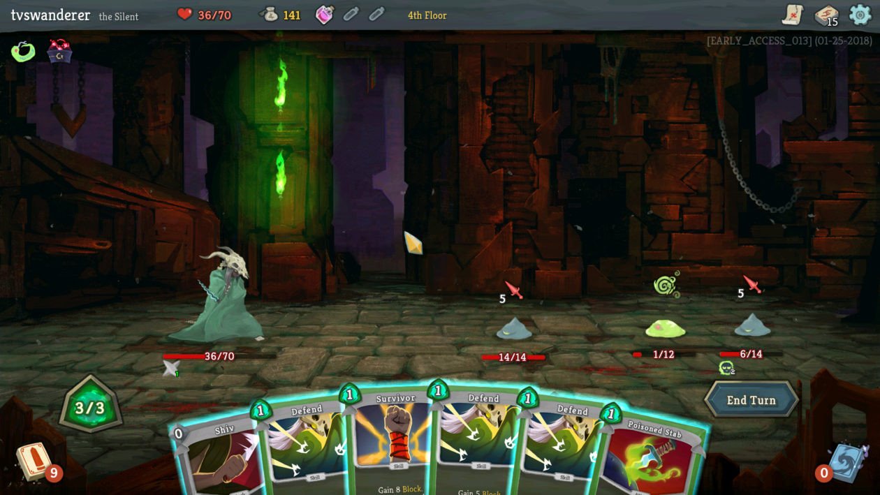 Giao diện chiến đấu của Slay the Spire với các thẻ bài và quái vật, thể hiện tính chiến thuật.